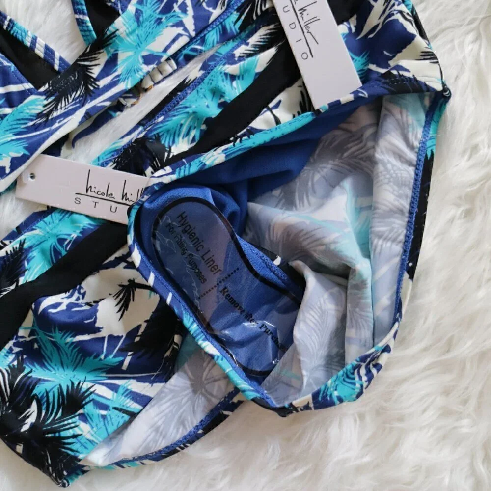 NWT Nicole Miller Bikini Set Size 8 (Medium) Black Blue Tropical Bathing Suit